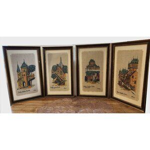 Set of 4 Vintage Quebec Ink Prints on Fabric Cloth 7.5x12" MCM Style Art